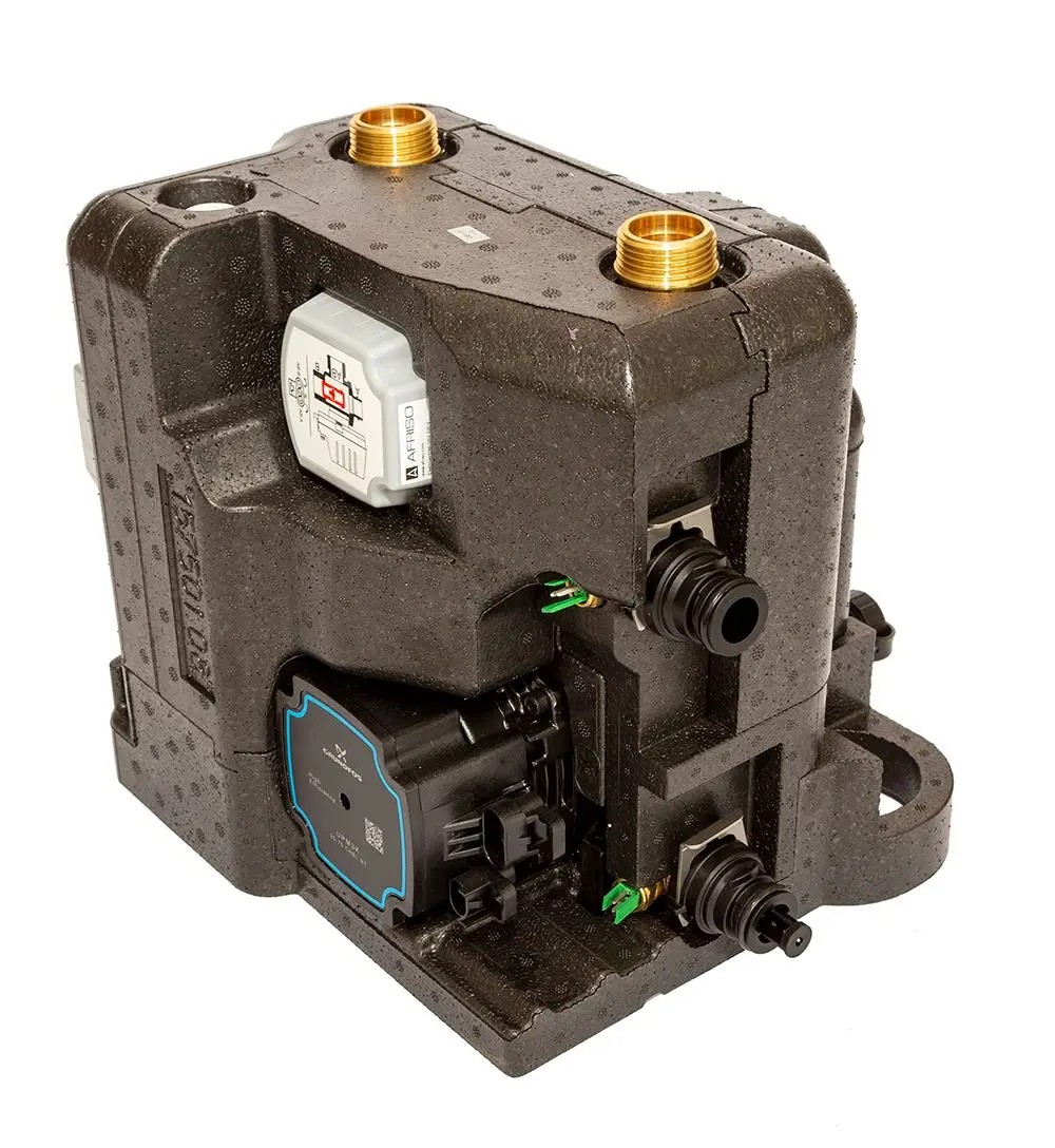 Hydraulikkomponente von Daikin mit mehreren Anschlussöffnungen und elektrischen Anschlüssen, vorgesehen für den Einsatz in Heizsystemen.